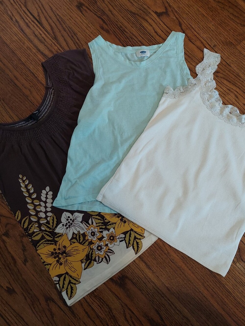 Summer Tees - Brown Floral Cap Sleeve, White Lace-Trim Camisole, & Blue Tank